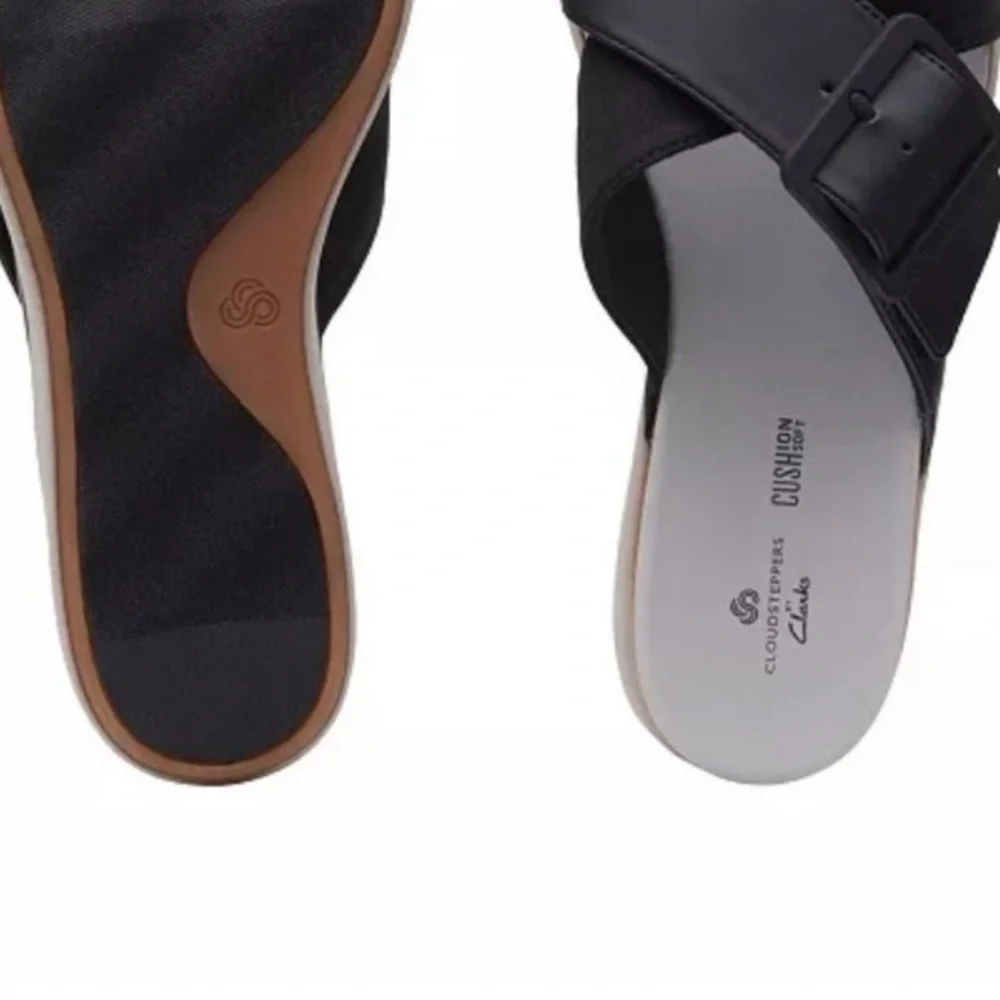 NWT Clarks Women’s 6.5 Cloudsteppers Black Eliza April Mules Buckle Sandals - Picture 7 of 8